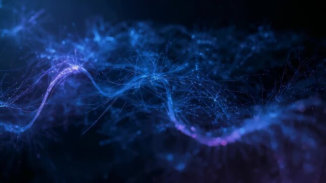 Undulating network strands across dark void, emitting light pulses with branching particle nodes