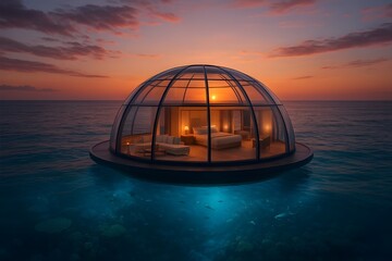 Overwater Glass Dome Villa with Glowing Underwater Views