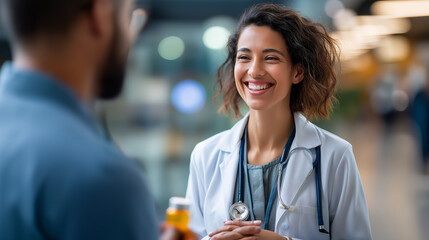 Medical sales representative introducing innovative pharmaceutical products to doctor in modern hospital environment drug portfolio pharmaceutical education medical marketing