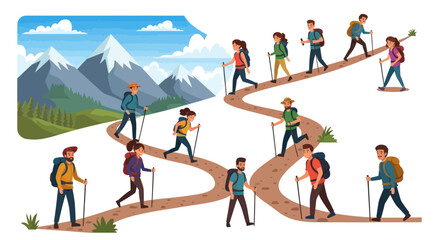 Group of Hikers Trekking on a Winding Mountain Trail with Backpacks and Hiking Poles.