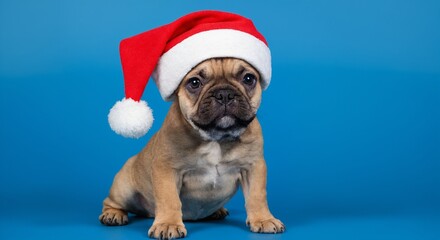 French bulldog puppy wearing Santa hat on blue background