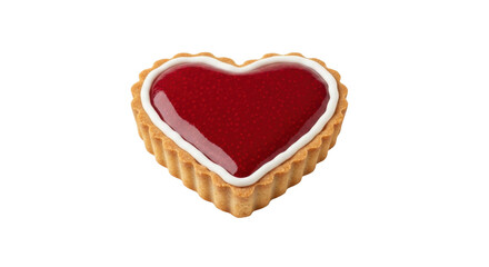 Isolated heart-shaped tart with red filling and white frosting, sweet dessert pastry