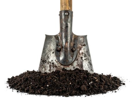 Rusty shovel in dark soil