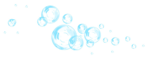 Blue soap bubbles, liquid sphere, foam freshness, underwater floating, vibrant dew, abstract shine, washing concept.
