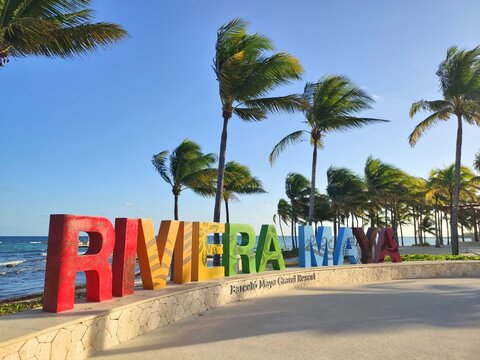 Riviera Maya sign at Caribbean Sea beach in Yucatan, Mexico