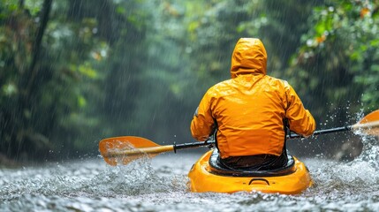 A man in a yellow jacket is paddling a kayak in a river. The water is choppy and the man is wearing a raincoat