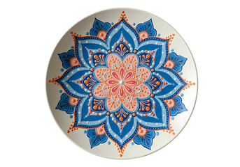 Stunning Mandala Plate: Blue, Orange, and White Dot Art Design
