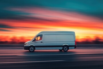White delivery van speeding down highway with motion blur, vibrant sunset sky backdrop
