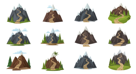 Cartoon Mountain Set with Winding Paths and Snow Caps.