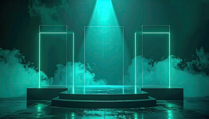 Teal stage with glowing rectangles