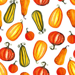 seamless pattern of watercolor pumpkins on white background, hand painted illustration elements
