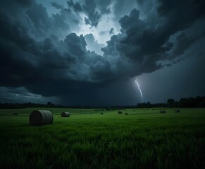 Dramatic thunderstorm over rolling farmland with hay bales and vibrant green grass, perfect for conveying power, nature's force, and resilience