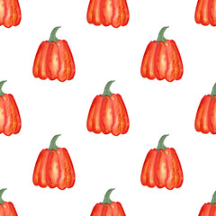 seamless pattern of watercolor pumpkins on white background, hand painted illustration elements