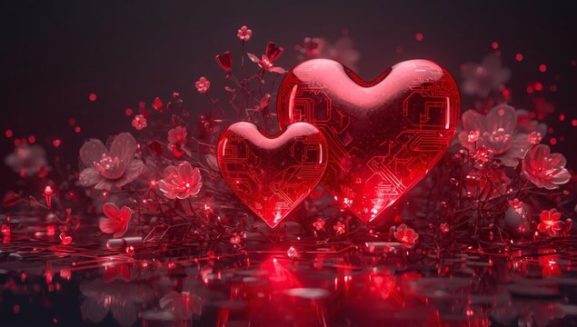 Two shimmering red heart shaped balloons float amidst a cascade of sparkling red droplets and soft pink roses