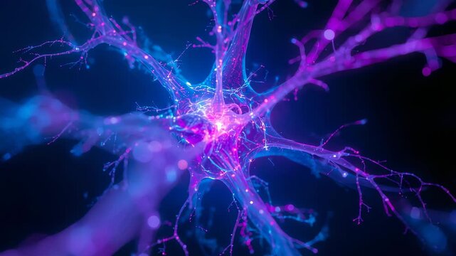 Opening scene showing neuron emitting pulses along dendrites in void, rotating zooming to synapse