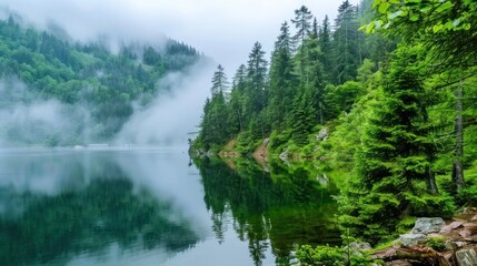 Serene Mountain Lake Surrounded by Lush Green Pine Trees with Misty Fog in the Background