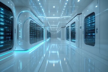 Futuristic server room hallway, sleek white and blue, with glowing lights and server racks