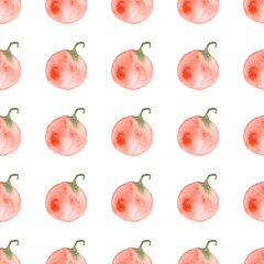 seamless pattern of watercolor pumpkins on white background, hand painted illustration elements