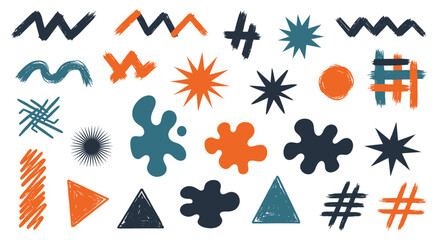 A collection of abstract graphic elements with a distressed texture in various colors and shapes.