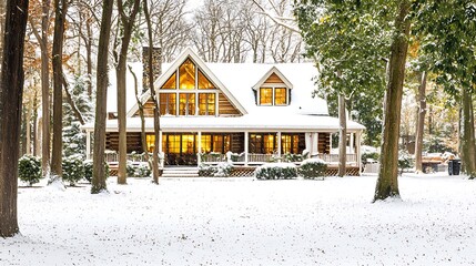 Cozy winter log cabin under snow cover, warm yellow light radiating from windows against cold backdrop