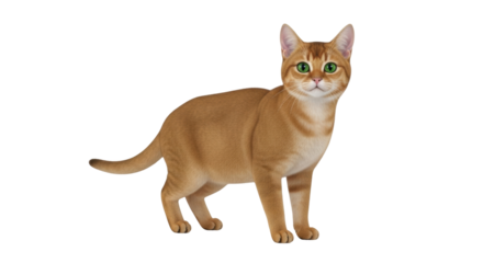 Isolated Abyssinian cat with green eyes standing in a studio, looking at the camera