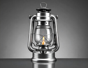 An old, gray, metal kerosene or oil lantern, lit and glowing, on a dark, gray table. A simple, minimalist, and rustic still life. Generative AI
