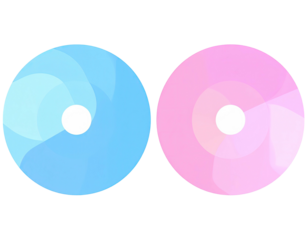 Two circular discs, light blue and light pink, with soft gradients and white centers
