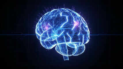 Upon activation brain hologram rotating on grid overlay, mapping connectivity via pulsing nodes - Powered by Adobe