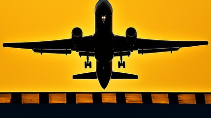 Airplane ascending above runway glowing sunrise sky warm tones golden light casting long shadows aircraft sharp silhouette crisp detail