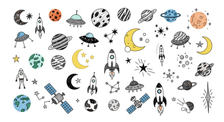 A playful collection of hand-drawn space elements and celestial bodies for creative projects.