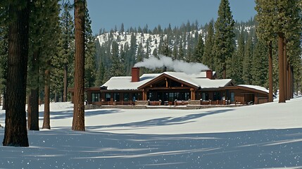 Cottage framed by snowy trees, chimney smoke drifting into snowfall under quiet night