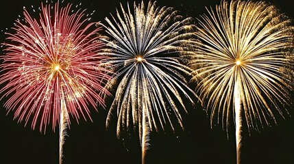 Dramatic fireworks bursting in arcs above mountain silhouette, glowing midnight celebration scene
