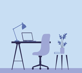 Modern minimalist home office workspace illustration featuring a desk with laptop, chair, books, lamp, and indoor plant. Perfect for concepts of remote work, productivity, creative workplace.