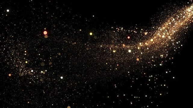 Golden Firework Flying on Black Background Christmas Style Design Element Overlay Screen. Stars Trail Moving Along a Curve with Twinkling Particles Floating. Gold Dust Glowing 3d Animation 4k.