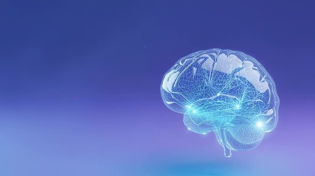 Fading in wireframe brain model rotating clockwise in void, with pulsing neural nodes, copy space