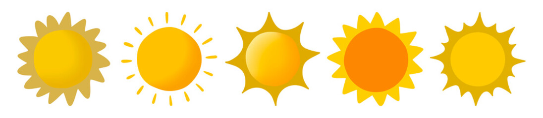 A set of five stylized yellow sun icons with varying designs.