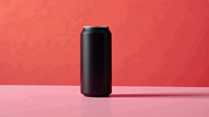 Starting matte black aluminum can standing on pink surface, showcasing product against coral-red - Powered by Adobe