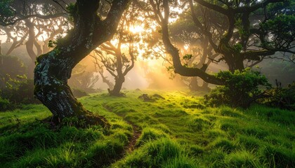 Sunlight streams through a misty forest. Lush green grass covers a path winding through gnarled trees