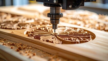 CNC router carving intricate floral design in wood