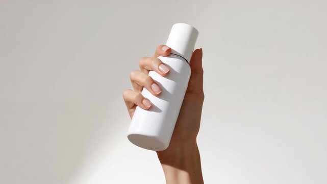 Entering frame female hand pivoting white bottle anticlockwise on beige studio wall, showcasing cap