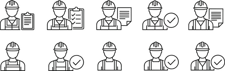 Construction worker icons, safety compliance symbols, hard hat graphics, checklist illustrations, project management visuals, black and white labor elements