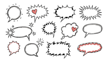 A collection of hand drawn speech bubbles and thought bubbles in various shapes and sizes for comic books and graphic design projects.