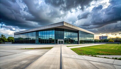 Obraz premium Modern glass-fronted building under dramatic sky (1)