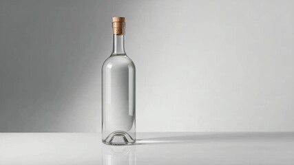 Showing clear glass bottle sealed by wooden cork sitting on white tabletop, grey gradient backdrop - Powered by Adobe