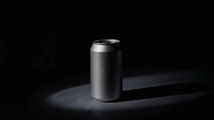 Spotlight sweeping matte black aluminum can rotating on dark studio surface with shiny highlights - Powered by Adobe