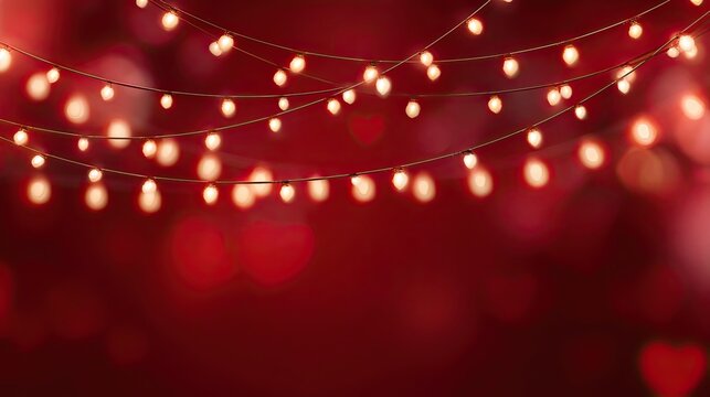 A festive background featuring glowing string lights on a deep red backdrop, perfect for celebrations and romantic occasions, blurred bokeh background