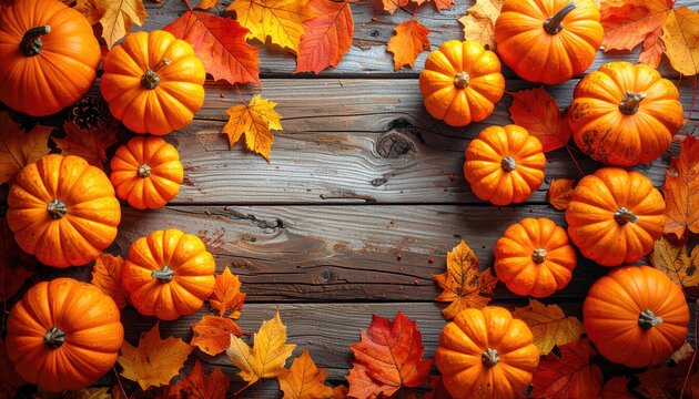 Autumn pumpkins and leaves on rustic wood (10) - Powered by Adobe