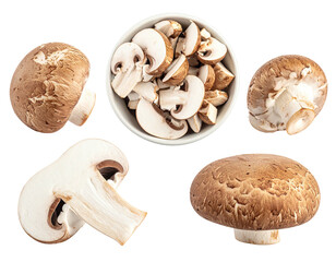 Assorted sliced and whole brown and white mushrooms in a white bowl