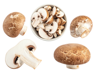 Assorted sliced and whole brown and white mushrooms in a white bowl