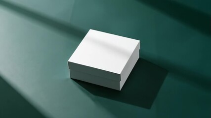 Rotating white square box on green tabletop, revealing side for product showcase - Powered by Adobe